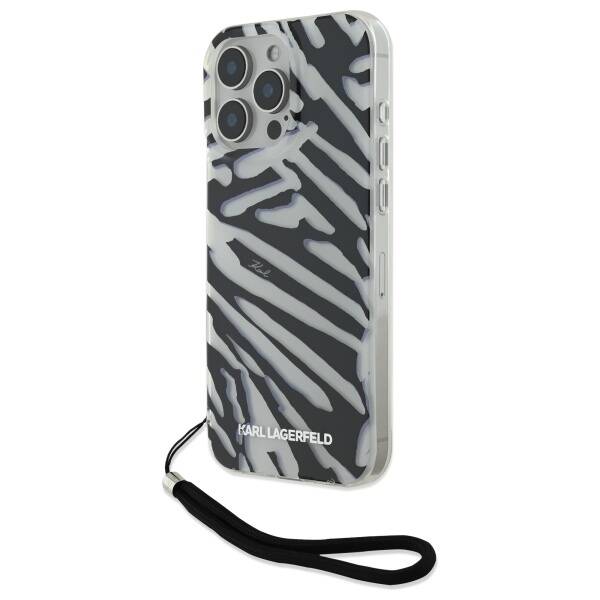Capa para Apple iPhone 16 Pro, Karl Lagerfeld, Padrão Zebra de Luxo IML com Alça, Preta