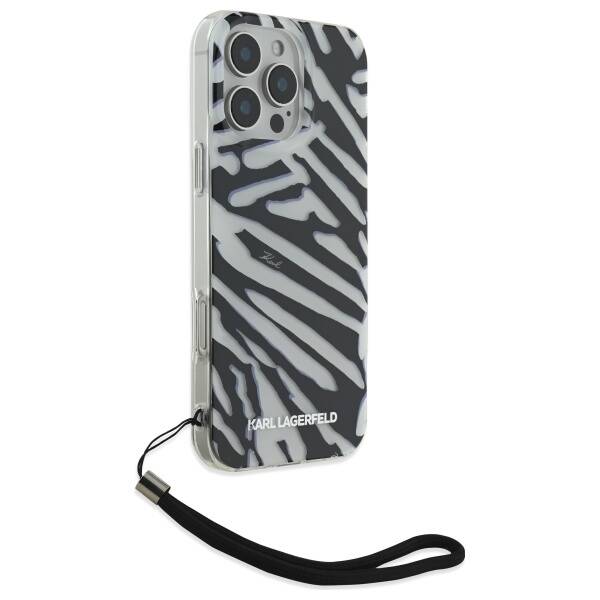 Capa para Apple iPhone 16 Pro, Karl Lagerfeld, Padrão Zebra de Luxo IML com Alça, Preta