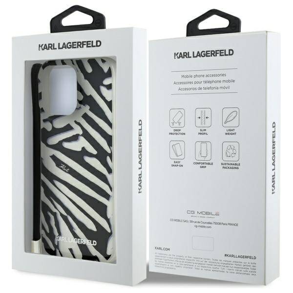 Capa para Apple iPhone 16 Pro, Karl Lagerfeld, Padrão Zebra de Luxo IML com Alça, Preta