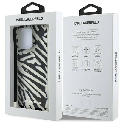 Capa para Apple iPhone 16 Pro, Karl Lagerfeld, Padrão Zebra de Luxo IML com Alça, Preta