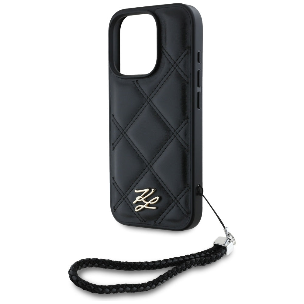 Capa para Apple iPhone 16 Pro, Karl Lagerfeld, Quilted Initial Logo & Chain Strap, Preta