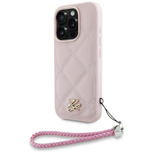 Case for Apple iPhone 16 Pro, Karl Lagerfeld, Quilted Initial Logo & Chain Strap, Pink