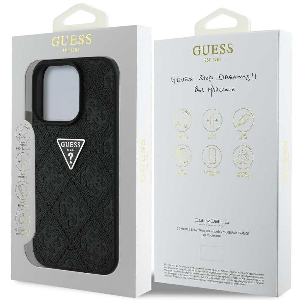 Case for Apple iPhone 16 Pro Max, Guess, Hot Stamp 4G Pattern Triangle Logo, Black