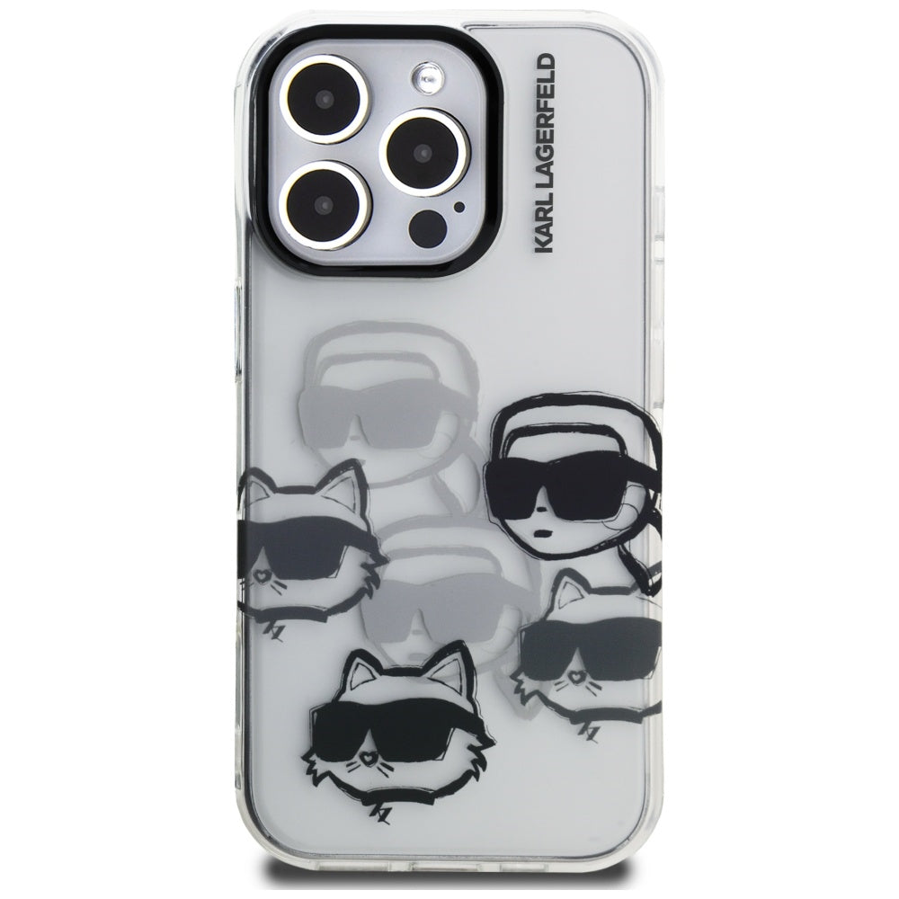 Capa para Apple iPhone 16 Pro Max, Karl Lagerfeld, Padrão Multi Cabeças de Luxo IML, Transparente