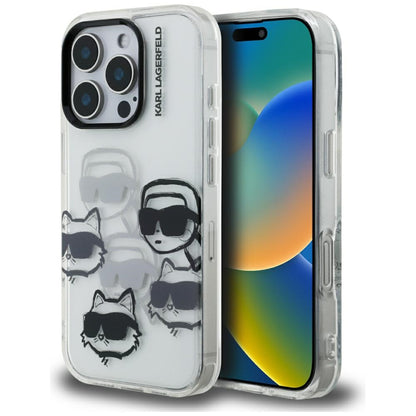 Capa para Apple iPhone 16 Pro Max, Karl Lagerfeld, Padrão Multi Cabeças de Luxo IML, Transparente