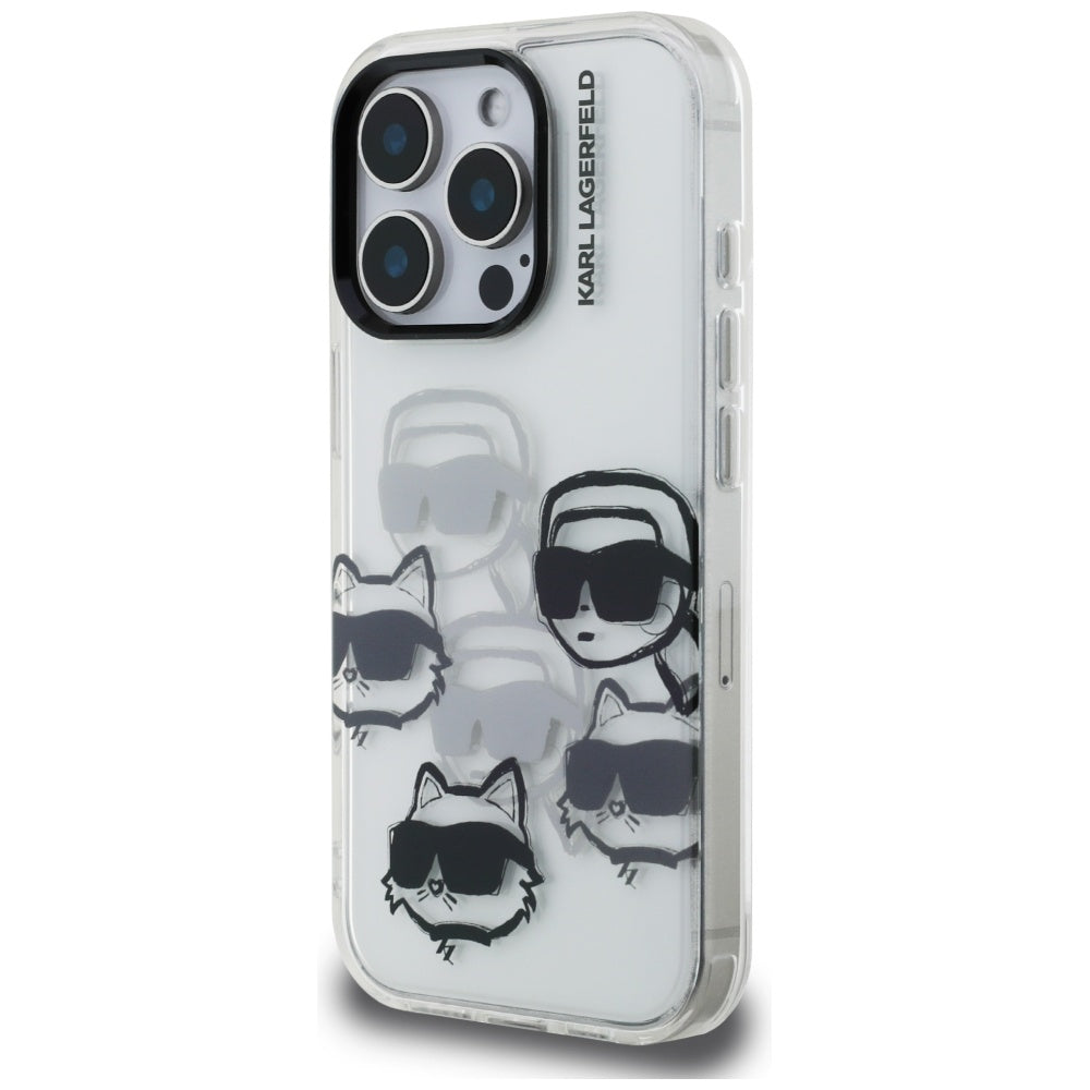 Capa para Apple iPhone 16 Pro Max, Karl Lagerfeld, Padrão Multi Cabeças de Luxo IML, Transparente
