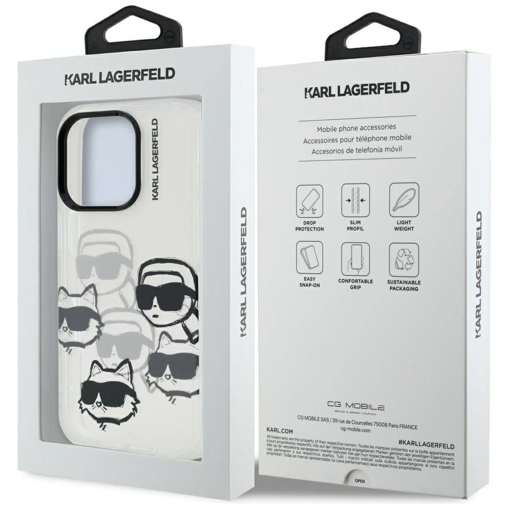 Capa para Apple iPhone 16 Pro Max, Karl Lagerfeld, Padrão Multi Cabeças de Luxo IML, Transparente