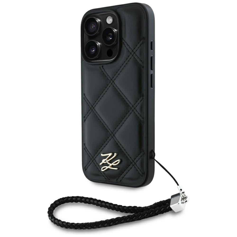 Capa para Apple iPhone 16 Pro Max, Karl Lagerfeld, Quilted Initial Logo & Chain Strap, Preta
