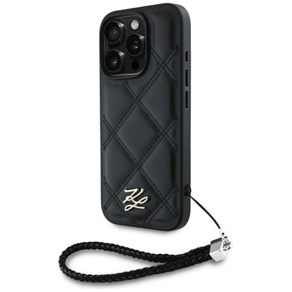 Capa para Apple iPhone 16 Pro Max, Karl Lagerfeld, Quilted Initial Logo & Chain Strap, Preta