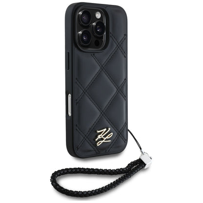 Capa para Apple iPhone 16 Pro Max, Karl Lagerfeld, Quilted Initial Logo & Chain Strap, Preta
