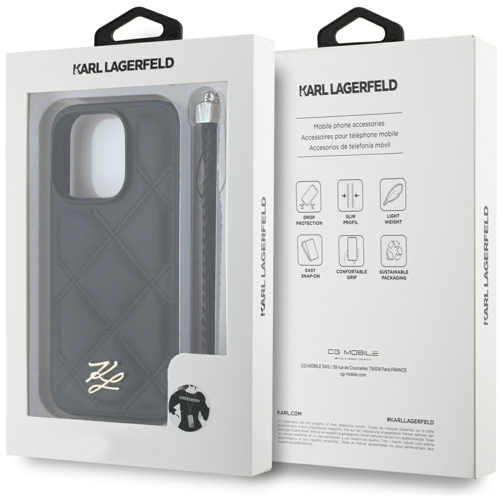 Capa para Apple iPhone 16 Pro Max, Karl Lagerfeld, Quilted Initial Logo & Chain Strap, Preta