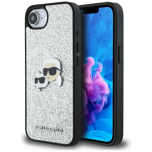 Capa para Apple iPhone 16e, Karl Lagerfeld, Glitter Fixed Karl & Choupette's Heads, Prateada