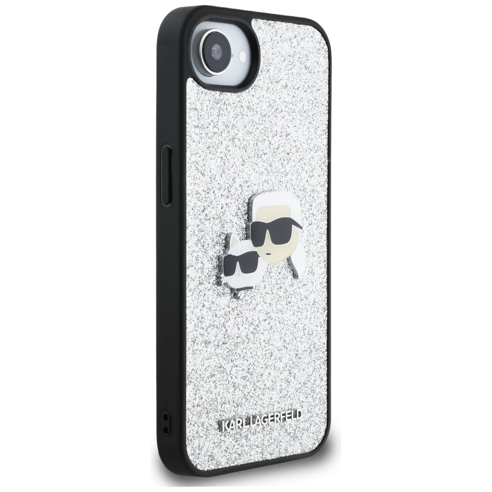 Capa para Apple iPhone 16e, Karl Lagerfeld, Glitter Fixed Karl & Choupette's Heads, Prateada