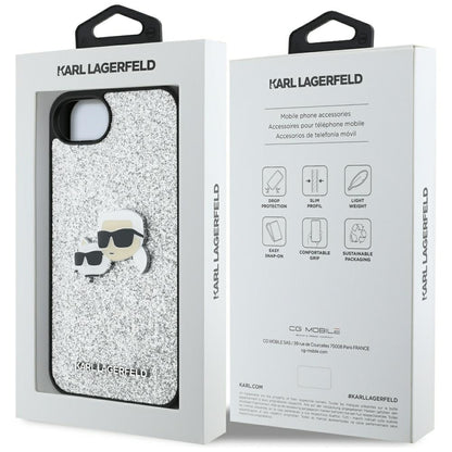 Capa para Apple iPhone 16e, Karl Lagerfeld, Glitter Fixed Karl & Choupette's Heads, Prateada