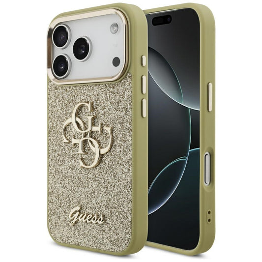 Capa para Apple iPhone 17 Pro, Guess, Fixed Glitter Big 4G Metal Frame, Dourada