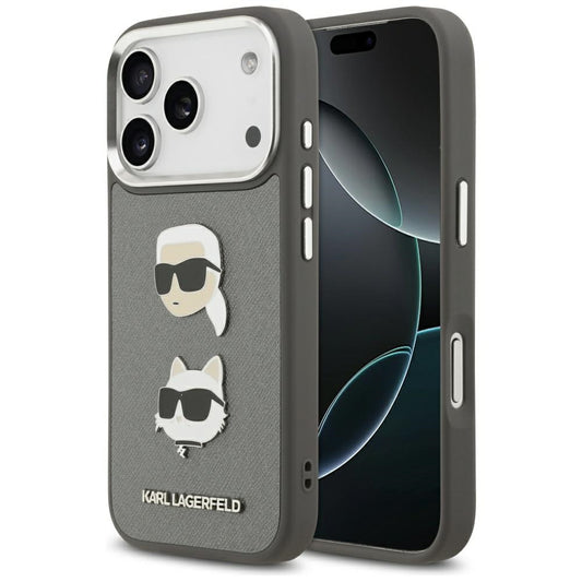 Capa para Apple iPhone 17 Pro, Karl Lagerfeld, Grained Karl & Choupette's Heads Pins and Logo, Cinza