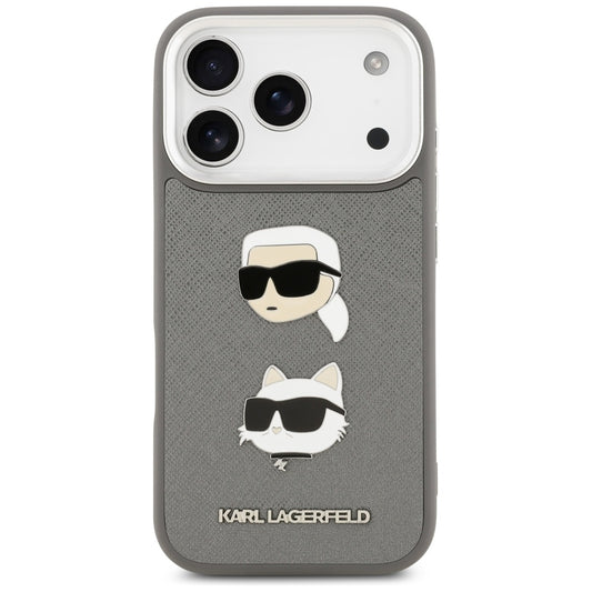 Capa para Apple iPhone 17 Pro, Karl Lagerfeld, Grained Karl & Choupette's Heads Pins and Logo, Cinza