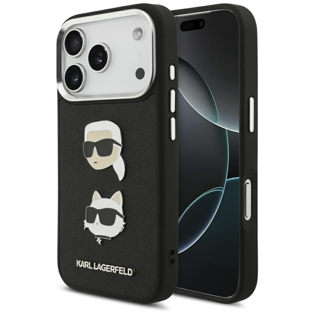 Capa para Apple iPhone 17 Pro, Karl Lagerfeld, Grained Karl & Choupette's Heads Pins and Logo, Preta