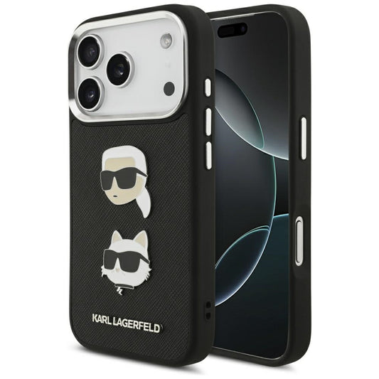 Capa para Apple iPhone 17 Pro, Karl Lagerfeld, Grained Karl & Choupette's Heads Pins and Logo, Preta