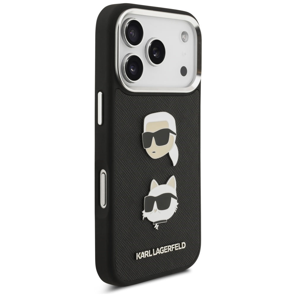 Capa para Apple iPhone 17 Pro, Karl Lagerfeld, Grained Karl & Choupette's Heads Pins and Logo, Preta