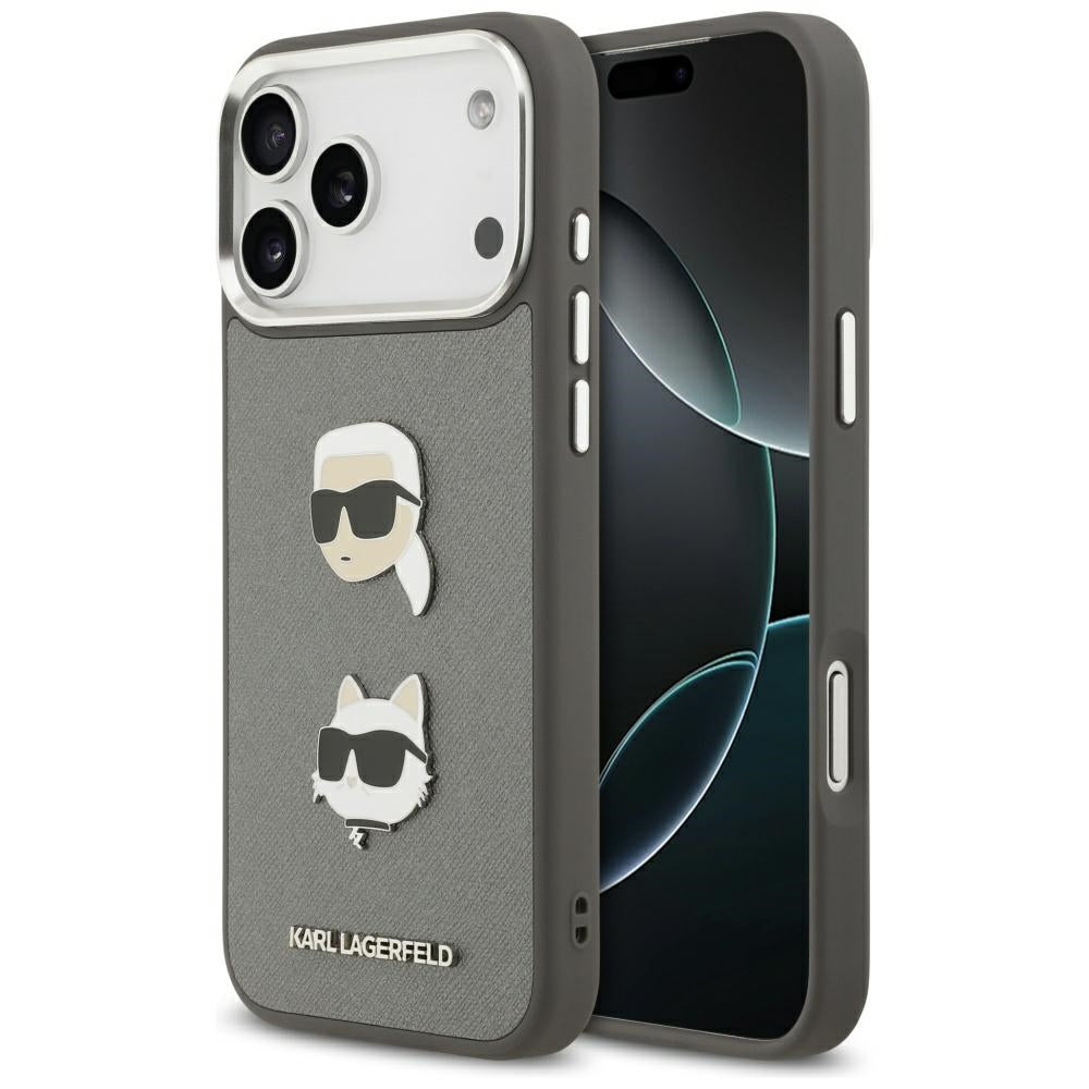 Capa para Apple iPhone 17 Pro Max, Karl Lagerfeld, Grained Karl & Choupette's Heads Pins and Logo, Cinza