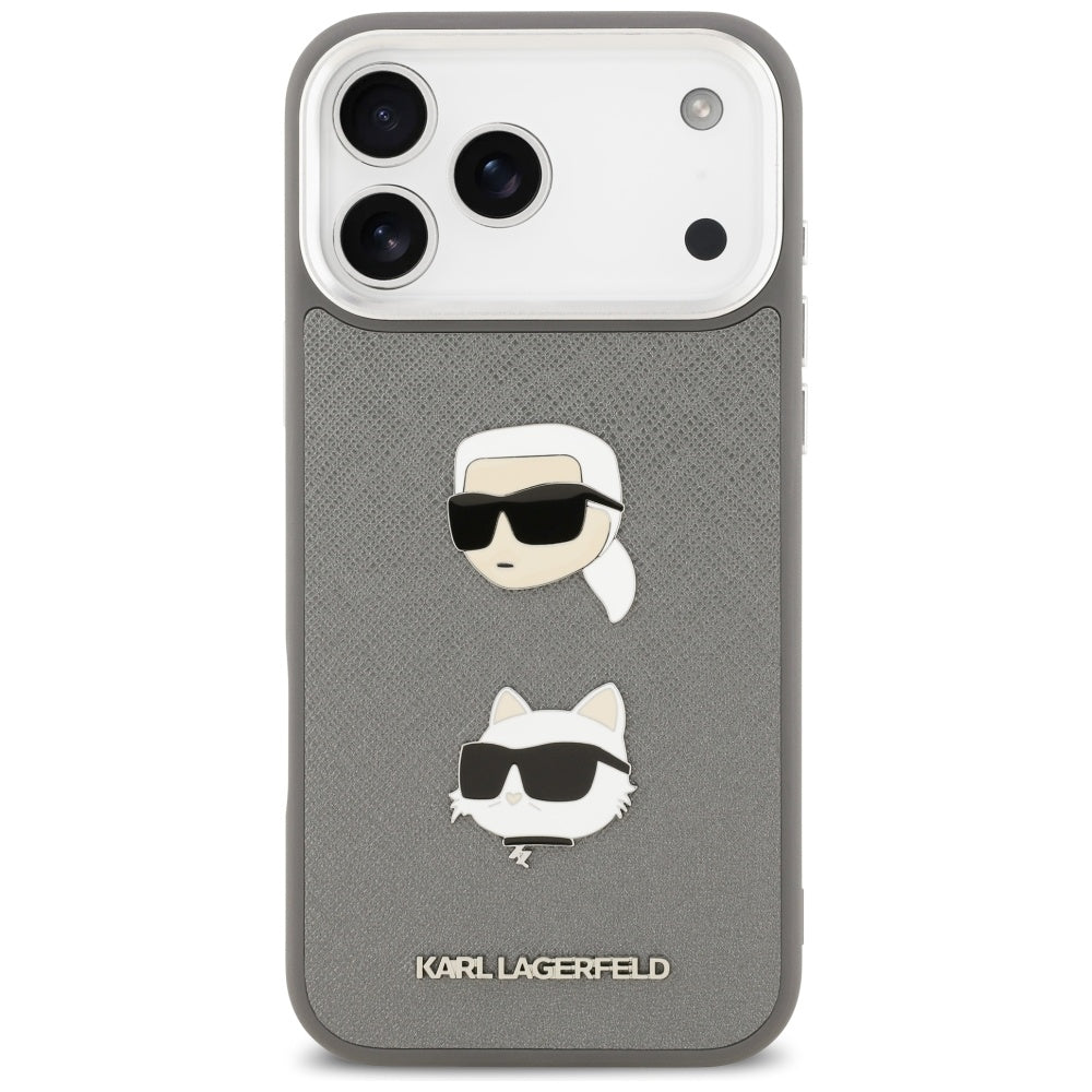 Capa para Apple iPhone 17 Pro Max, Karl Lagerfeld, Grained Karl & Choupette's Heads Pins and Logo, Cinza