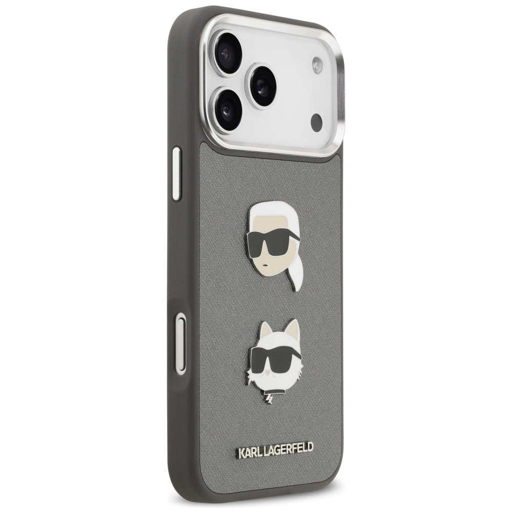 Capa para Apple iPhone 17 Pro Max, Karl Lagerfeld, Grained Karl & Choupette's Heads Pins and Logo, Cinza