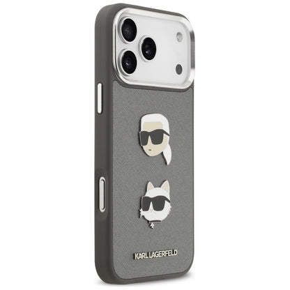 Capa para Apple iPhone 17 Pro Max, Karl Lagerfeld, Grained Karl & Choupette's Heads Pins and Logo, Cinza