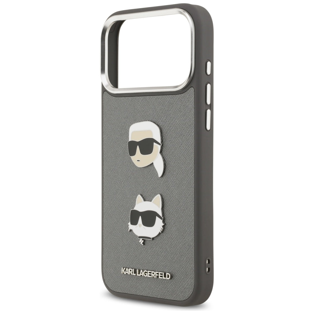 Capa para Apple iPhone 17 Pro Max, Karl Lagerfeld, Grained Karl & Choupette's Heads Pins and Logo, Cinza
