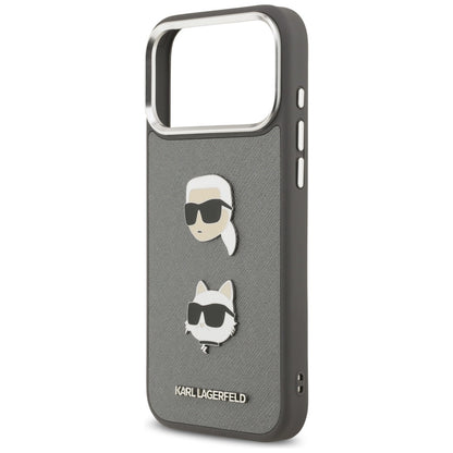 Capa para Apple iPhone 17 Pro Max, Karl Lagerfeld, Grained Karl & Choupette's Heads Pins and Logo, Cinza