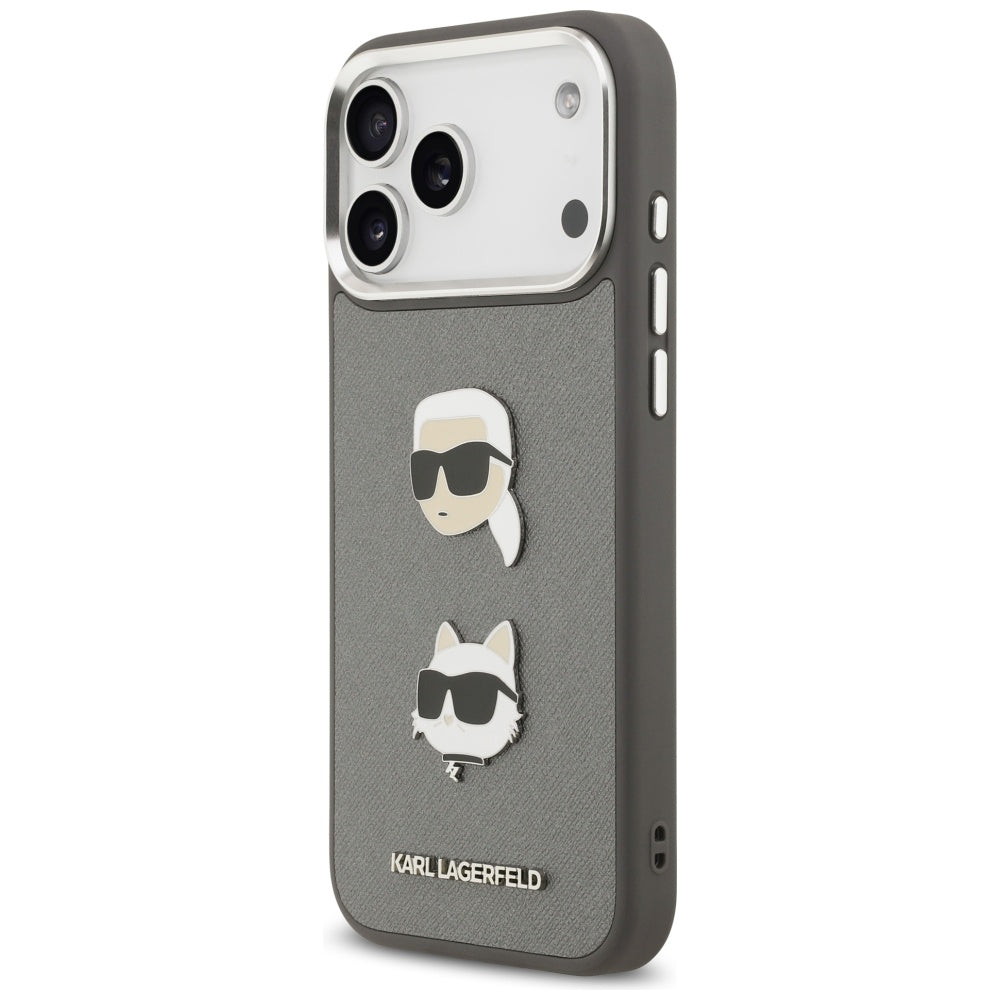 Capa para Apple iPhone 17 Pro Max, Karl Lagerfeld, Grained Karl & Choupette's Heads Pins and Logo, Cinza