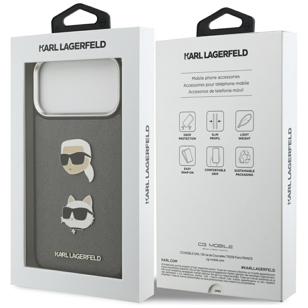 Capa para Apple iPhone 17 Pro Max, Karl Lagerfeld, Grained Karl & Choupette's Heads Pins and Logo, Cinza