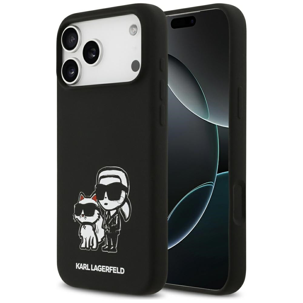 Capa para Apple iPhone 17 Pro Max, Karl Lagerfeld, Sketch and Logo Karl & Choupette, Preta.