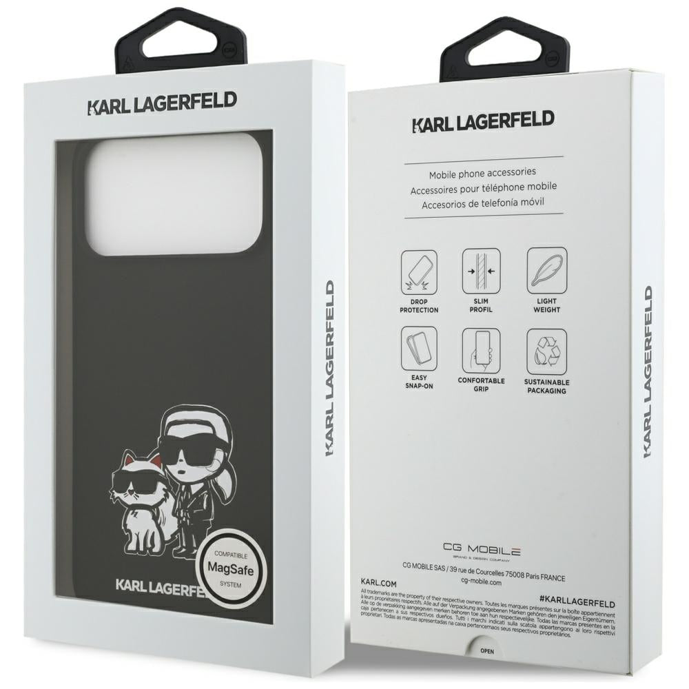 Capa para Apple iPhone 17 Pro Max, Karl Lagerfeld, Sketch and Logo Karl & Choupette, Preta.
