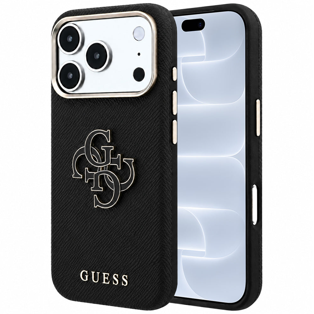 Capa para Apple iPhone 18 Pro / 17 Pro, Guess, Logo Grande em Resina Granulada, Preta