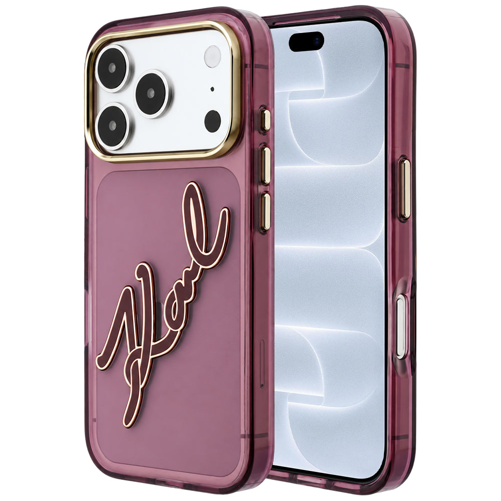 Capa para Apple iPhone 18 Pro / 17 Pro, Karl Lagerfeld, IML Big Signature Resin Logo e Moldura Metálica, Vinho
