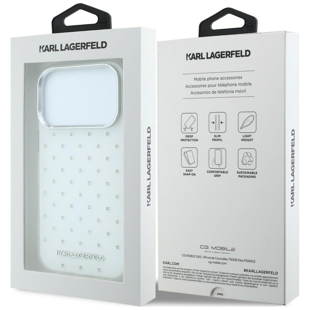 Capa para Apple iPhone 18 Pro / 17 Pro, Karl Lagerfeld, IML Strass e Logótipo Eletroplatinado, Branco