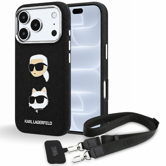 Capa para Apple iPhone 18 Pro / 17 Pro, Karl Lagerfeld, Saffiano Crossbody Karl & Choupette Head's Pins Logo, Preta