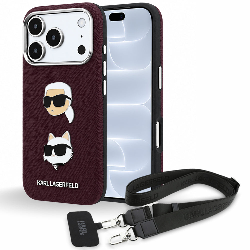 Capa para Apple iPhone 18 Pro / 17 Pro, Karl Lagerfeld, Saffiano Crossbody Karl & Choupette Head's Pins Logo, cor de vinho