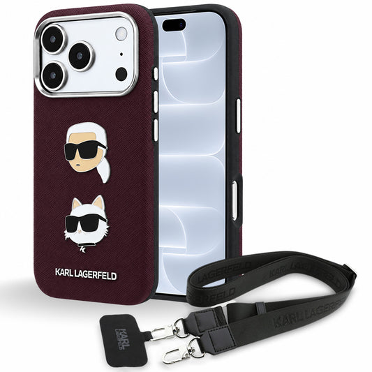 Capa para Apple iPhone 18 Pro / 17 Pro, Karl Lagerfeld, Saffiano Crossbody Karl & Choupette Head's Pins Logo, cor de vinho