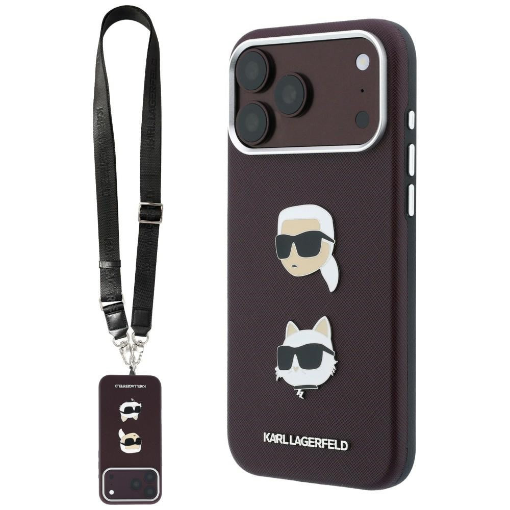 Capa para Apple iPhone 18 Pro / 17 Pro, Karl Lagerfeld, Saffiano Crossbody Karl & Choupette Head's Pins Logo, cor de vinho
