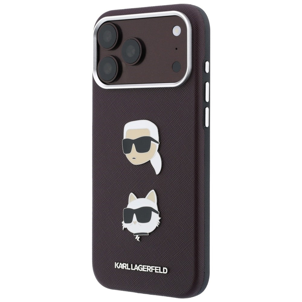 Capa para Apple iPhone 18 Pro / 17 Pro, Karl Lagerfeld, Saffiano Crossbody Karl & Choupette Head's Pins Logo, cor de vinho