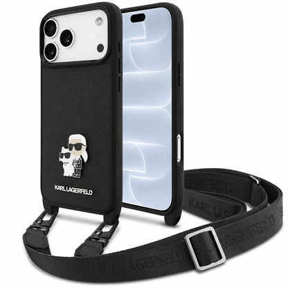 Capa para Apple iPhone 18 Pro / 17 Pro, Karl Lagerfeld, Saffiano Crossbody Metal Pin Karl & Choupette, Preta