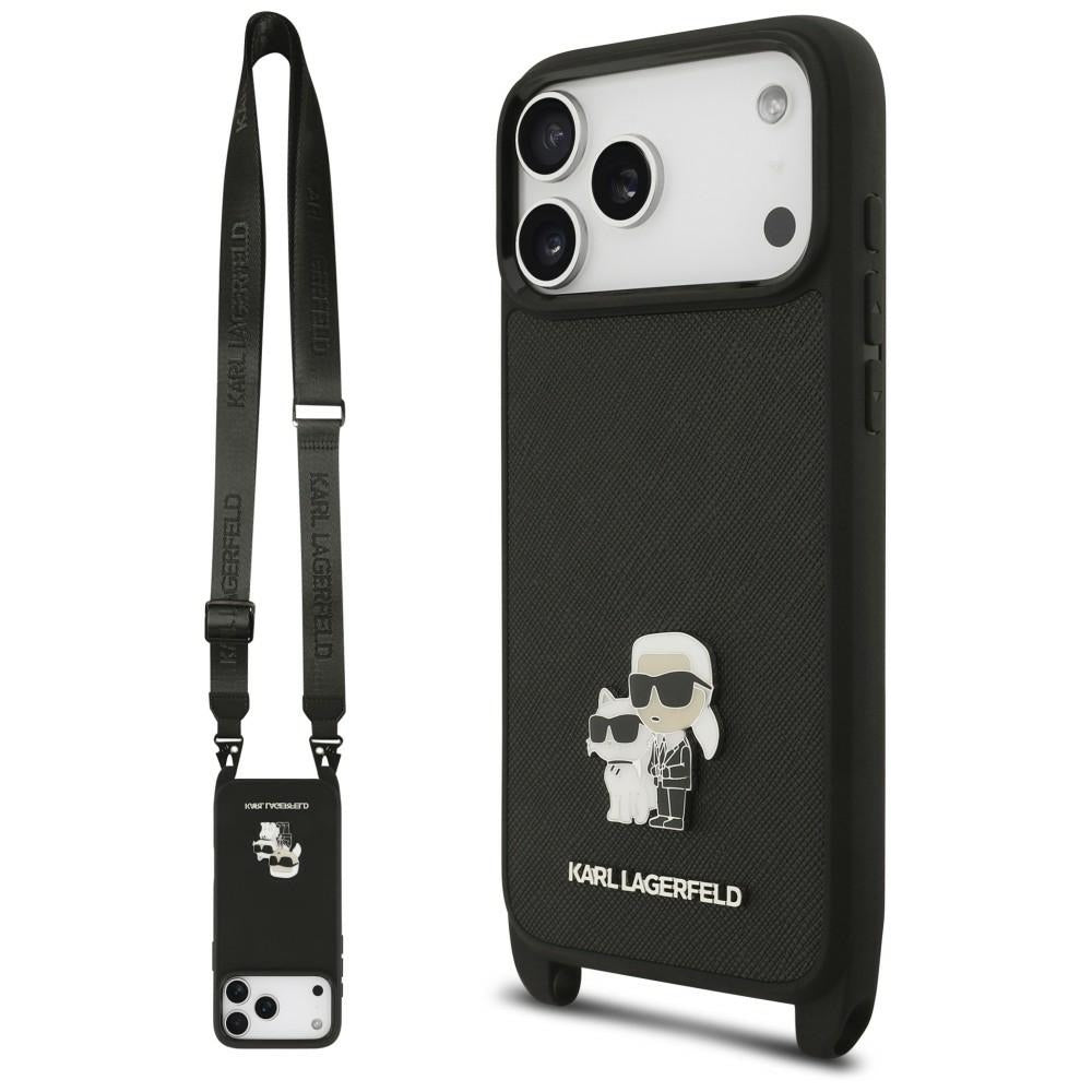 Capa para Apple iPhone 18 Pro / 17 Pro, Karl Lagerfeld, Saffiano Crossbody Metal Pin Karl & Choupette, Preta