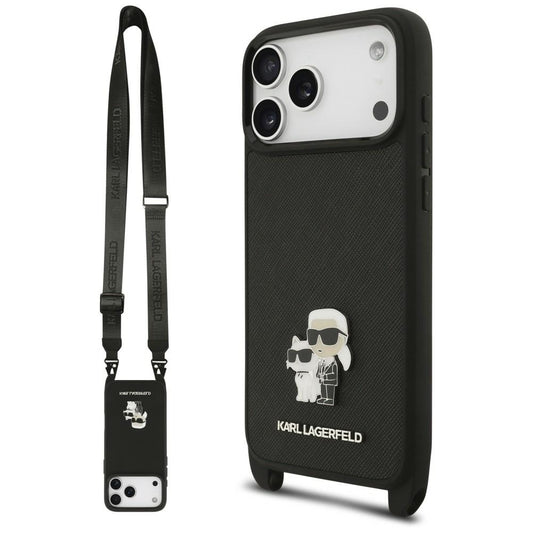 Capa para Apple iPhone 18 Pro / 17 Pro, Karl Lagerfeld, Saffiano Crossbody Metal Pin Karl & Choupette, Preta