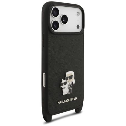 Capa para Apple iPhone 18 Pro / 17 Pro, Karl Lagerfeld, Saffiano Crossbody Metal Pin Karl & Choupette, Preta