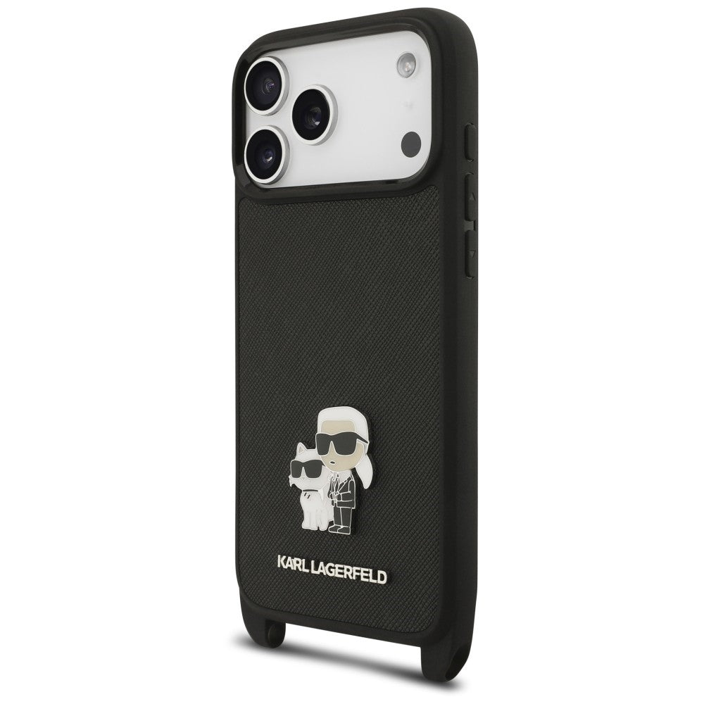 Capa para Apple iPhone 18 Pro / 17 Pro, Karl Lagerfeld, Saffiano Crossbody Metal Pin Karl & Choupette, Preta