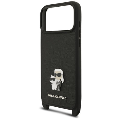 Capa para Apple iPhone 18 Pro / 17 Pro, Karl Lagerfeld, Saffiano Crossbody Metal Pin Karl & Choupette, Preta
