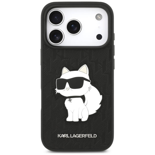 Capa para Apple iPhone 18 Pro / 17 Pro, Karl Lagerfeld, Saffiano Mono Patch Choupette, Preta