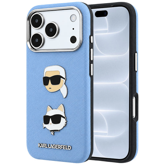 Capa para Apple iPhone 18 Pro / 17 Pro, Karl Lagerfeld, Saffiano com alfinete da cabeça de Karl e Choupette e logótipo, azul